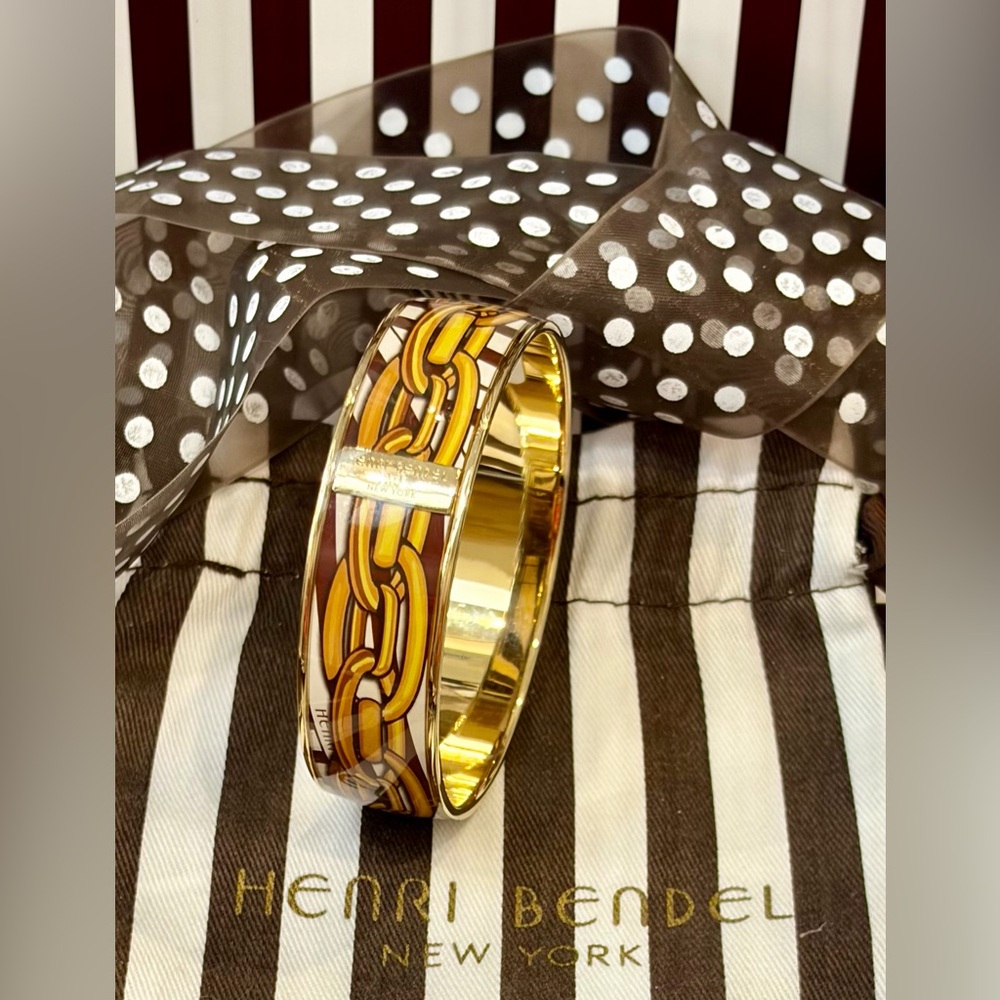 NWT RARE HENRI BENDEL Gold and Brown Enamel Chain-Print Bangle Bracelet/dust bag - Picture 8 of 9